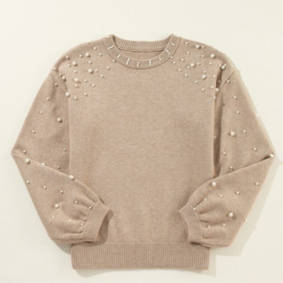 NWOT Smoke Gray Pearled Drop Shoulder Round Neck Sweater - Picture 6 of 12